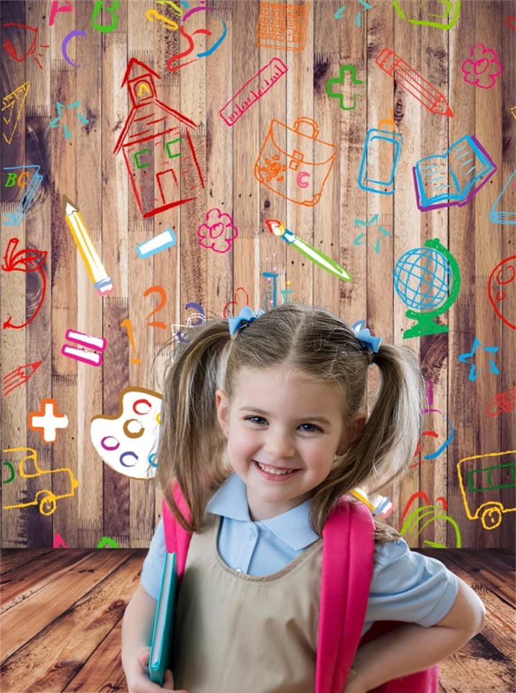 Leowefowa Back to School Backdrop 5x7ft Vinyl Photography Backdrops Hand Painted Pencils House Books on Vintage Retro Stripes Wood Floor Background Baby Kids Children Photo Studio Props - Image 4